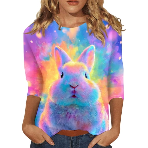 Easter Top for Women Crew Neck 3/4 Sleeve Tops Bunny Eggs Print Trendy Holiday Outfits Shirts Loose Fit Casual T-Shirts, #01 Blue, 3XL