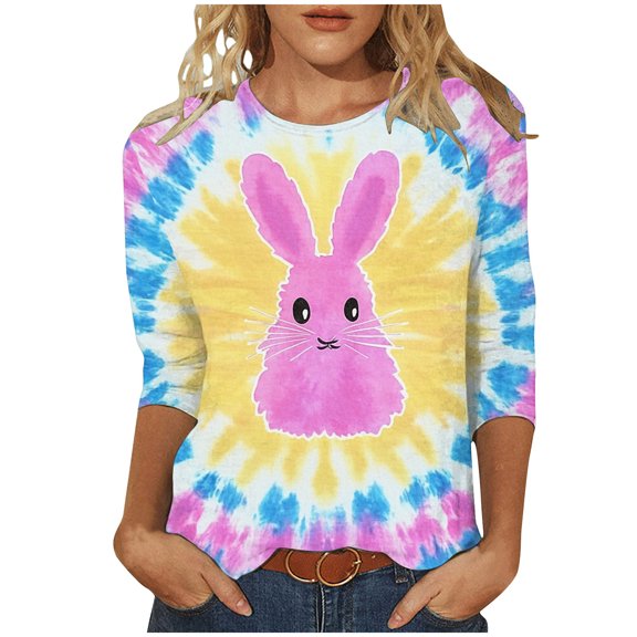 Easter Tops For Women Tie Dye T-Shirts Bunny Printed Graphic Tees Crewneck 3/4 Sleeve Shirts Y2K Tunic Blouses Holiday Blouses Plus Size Clothing