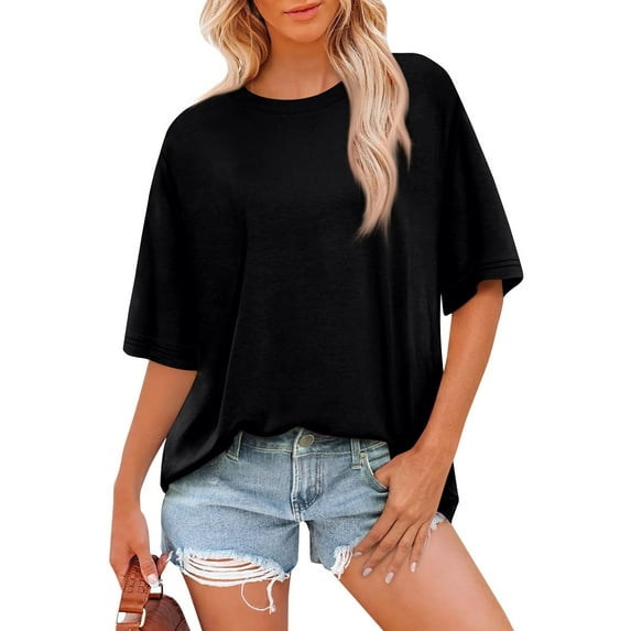 Easter Tops For Women 2025, Casual Short Sleeve Round Neck Top Comfort Colors Basic Tees Blouses Loose Fit Pullover Warm Long Shirts Tops Lace Gym Tops Y2K Shirts Tops Blouses (L, Black) ZMTing