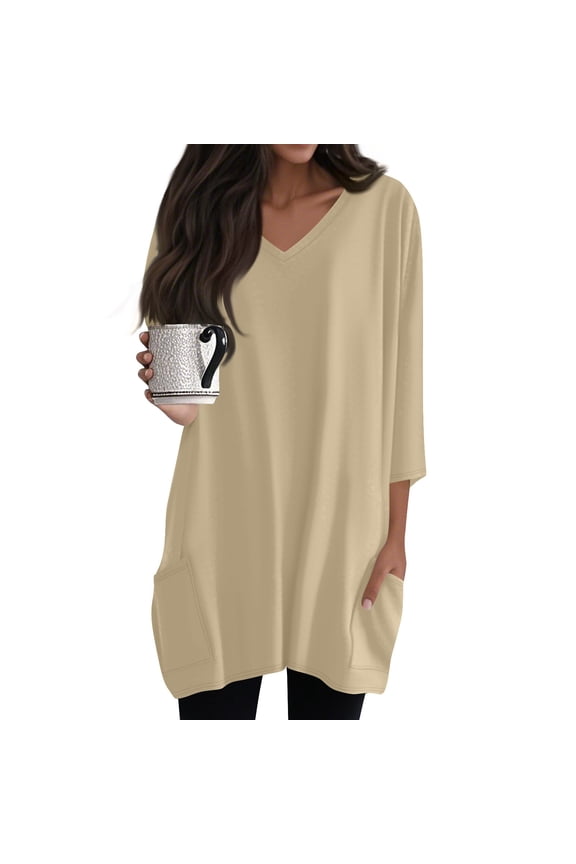 Easter Tops For Women, 3/4 Sleeve Casual Tshirt V Neck Loose Fit Tops With Pockets Scrub Undershirts Long Women Tops Y2K Clothes Tank Top Ladies Crop Puff Tops Tunic Bustier (L, Khaki) ZMTing
