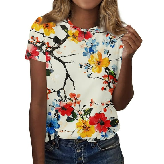 Easter Tops For Women, Short Sleeve T Shirts Round Neck Cute Tunic Tops Basic Tees Blouses Loose Fit Pullover Womens Summer Tops Turtleneck Long Graphic Tees Shirt Tank Tops (S, Beige) ZMTing