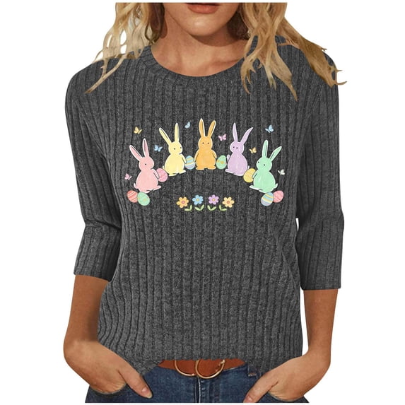 Easter Tops for Women Cute Rabbit Printed Shirts 3/4 Sleeve Crew Neck Casual Blouse Fashion Ribbed Basic Tops Spring Clothes