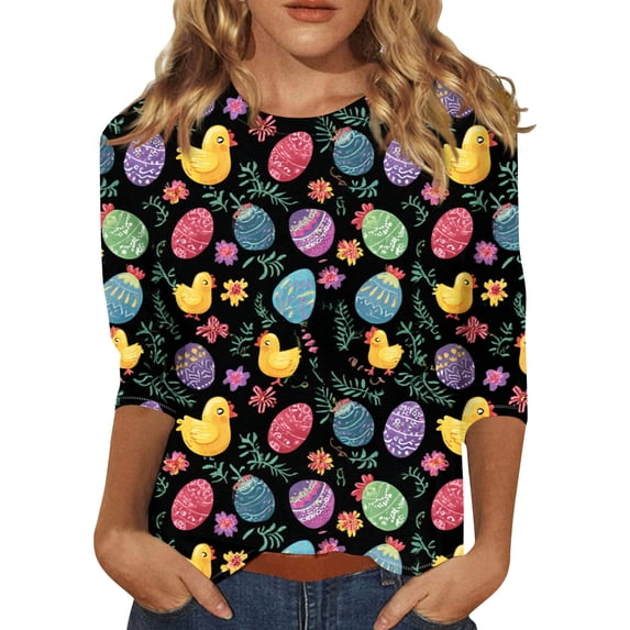 Easter Tops for Women Three Quarter Length Rabbit Graphic Tunic Tops ...