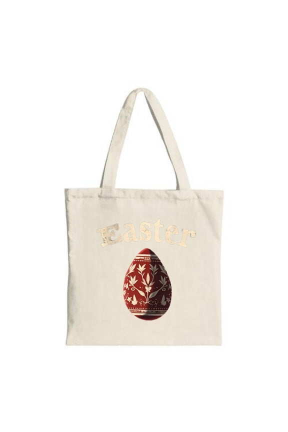Easter Tote Bag - Cream Canvas with Intricate Red Egg & White Floral Design Perfect for Shopping Travel & Parties
