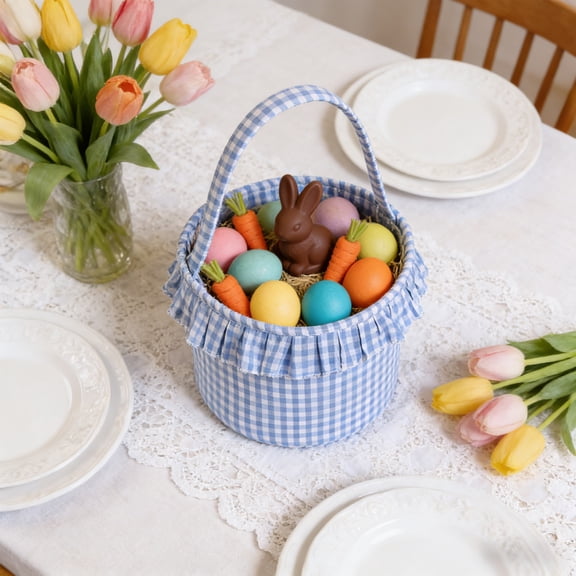 Easter Tote Basket, Personalized Bunny Design, Easter Basket with Gingham Pattern, Foldable Handle, Easter Egg Hunting Bucket Pattern, Foldable Handle