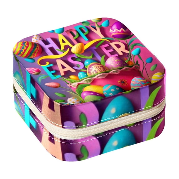 Easter Travel Portable Square Storage Box with Earring Holder, Necklace Organizer, and Travel Organizer for Rings, Earrings, Necklaces, Bracelets, and More - Ideal for Girls and Women
