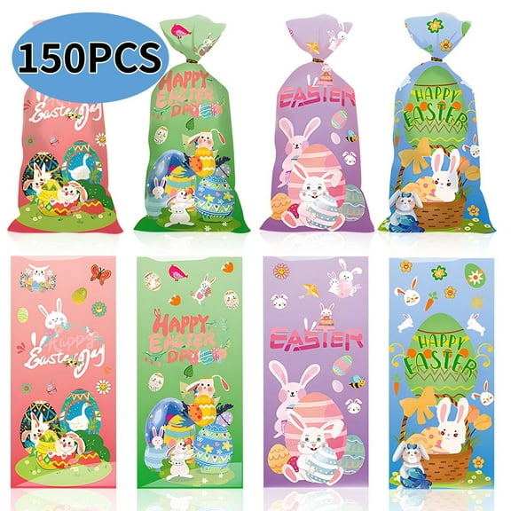 Easter Treat Bags Cello Gift Bags 150Pcs, Easter Candy Treat Goodie Bags with 180 Pcs Twisted Ties Easter Party Favor Party Supplies