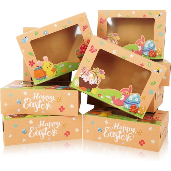 Easter Treat Boxes with Window Bunny Egg Flower Cookie Gift Kraft Paper Boxes for Party Supplies Food Packaging, 2 Design