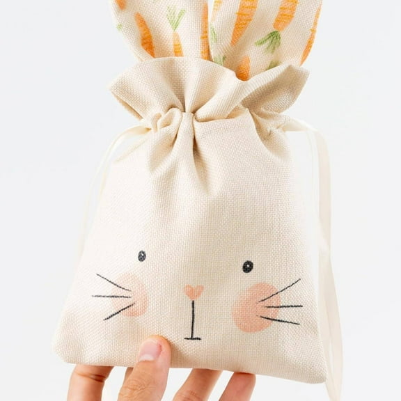 Easter Treat Sacks Bags Cloth with Burlap Drawstring,Holds Cookies,Small Toys,Eggs - DIY Project Basket, Party Favor Hunt Stuffer,Reusable Burlap Goodie Rabbit Drawstring Bag for Birthday - Pack of 1