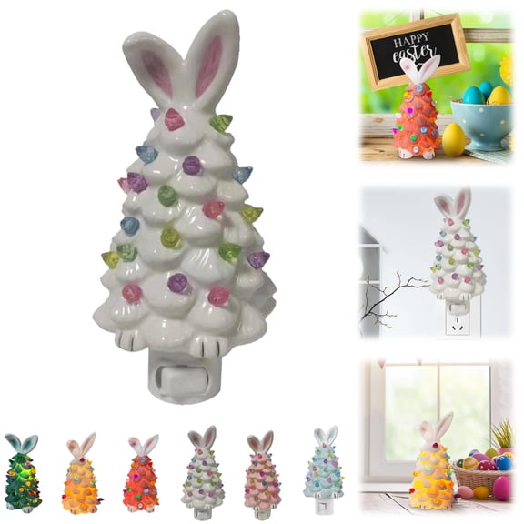 Easter Tree with LED Lights, Luminous Ceramic Bunny Shaped Christmas Tree for Desk Decor, Easter Decorations Night Light, Easter Lights for Home Decor