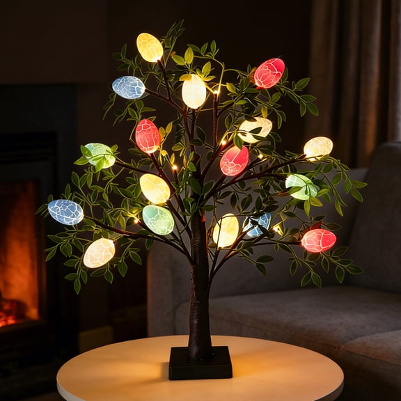 Easter Tree With Lights for Table Decoration Artificial Tree with Easter Egg for Tabletop Decor Battery Operated Indoor Spring Party Supplies Design 1