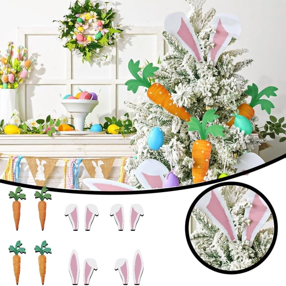 Easter Tree Picks Decorations Set of 8, 10 Inch Large Colorful Bunny Ear and Carrot Ornaments for Easter Tree Topper, Spring Party, and Vase Decor