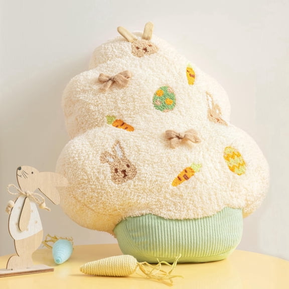 Easter Tree Shaped Throw Pillow 18x14 Beige Bunny Egg Velvet Cushion Spring Decor