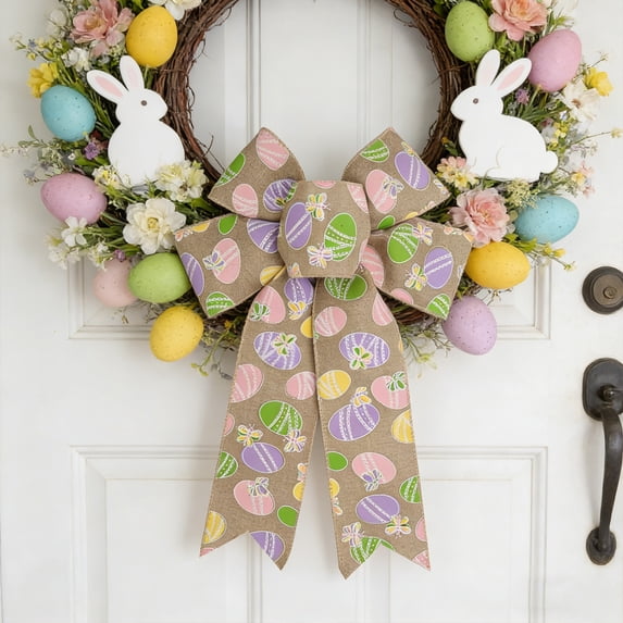 Easter Tree Topper Bow Handmade Polyester Decorative Hanging Ornament with Festive Egg Design for Indoor Outdoor Holiday Party Home Decorations Spring Celebration Wreath Gift