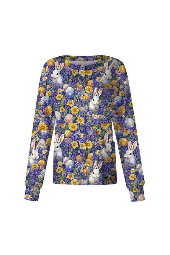 Easter Trendy Scrub Jackets for Women Spring Funny Floral Bunny Egg Pattern Long Sleeve Scrub Jackets Nurse Uniforms Workwear Shirts with Pockets