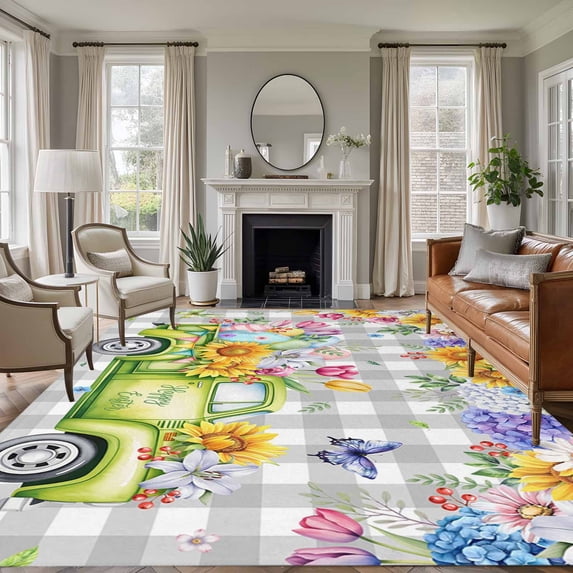 Easter Truck Area Rugs 5'x8', Small Throw Rugs for Classroom Bedroom, Spring Floral Eggs Butterflies Leaves Gray Plaid Indoor Outdoor Rug Non-Slip Low Pile Carpet Runner Reversible Floor Mats