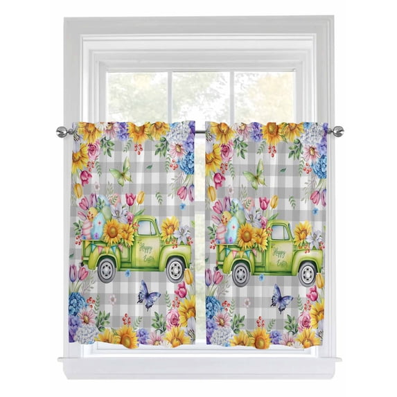 Easter Truck Bathroom Window Curtain, Spring Floral Eggs Butterflies Leaves Gray Plaid Light Filtering Coffee Kitchen Curtains, Bedroom Living Room Curtains 2 Panel 84"x45"
