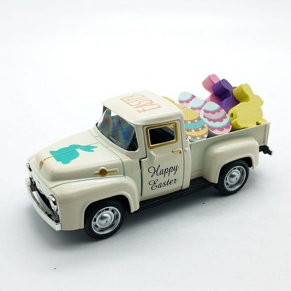 Easter Truck Decor with Bunny & Colorful Eggs – Beige Metal Vintage Mini Pickup Truck Toy, Happy Easter Themed Decor for Home, Shelf, Table & Spring Holiday Displays