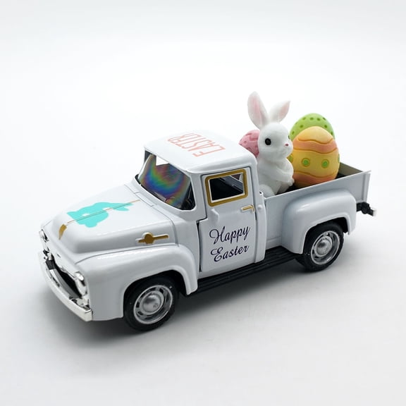 Easter Truck Decor with Bunny & Colorful Eggs – Metal Vintage Mini Pickup Truck Ornament, Happy Easter Decor, Cute Spring Holiday Accent for Home, Shelf, Table, Tiered Tray & Easter Displays (White)