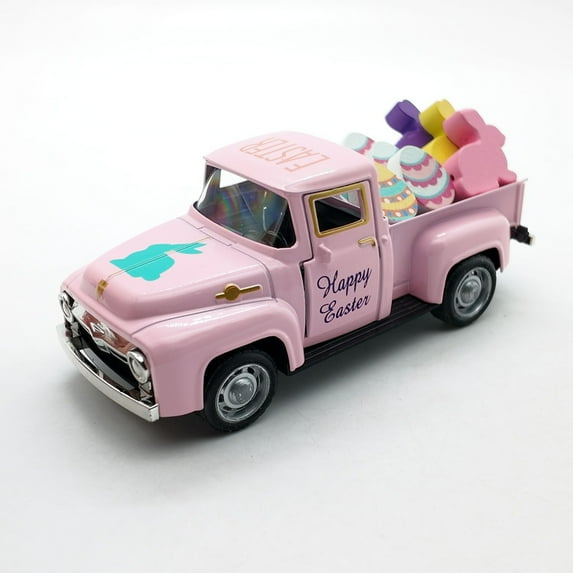 Easter Truck Decor with Bunny & Colorful Eggs – Pink Metal Vintage Mini Pickup Truck Toy, Happy Easter Themed Decor for Home, Shelf, Table & Spring Holiday Displays