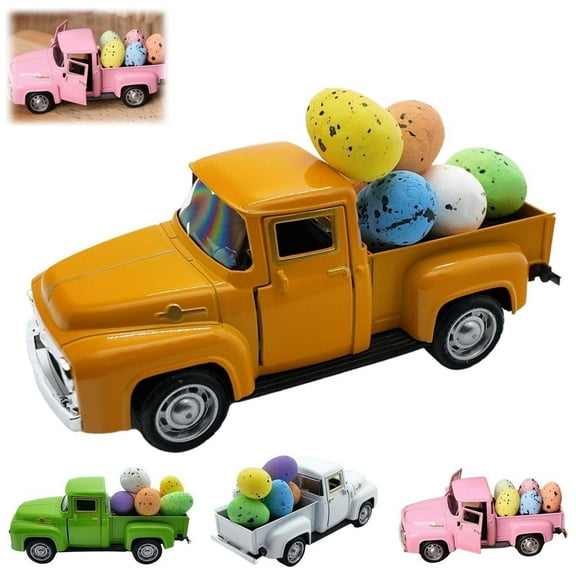 Easter Truck with Eggs - Metal Pink Vintage Farm Pickup, Farmhouse Tabletop Tiered Tray Decor for Home Kitchen,Happy Spring Mini Diecast Truck Decorations,Easter Basket Stuffers for Farmhouse Table