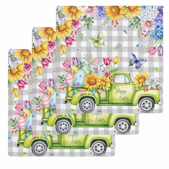 Easter Truck Kitchen Dish Towels for Drying Dishes Set of 3, Spring Floral Eggs Butterflies Leaves Gray Plaid Waffle Weave Microfiber Hand Tea Bathroom Towels Quick Dry & Absorbent Towel 12x12