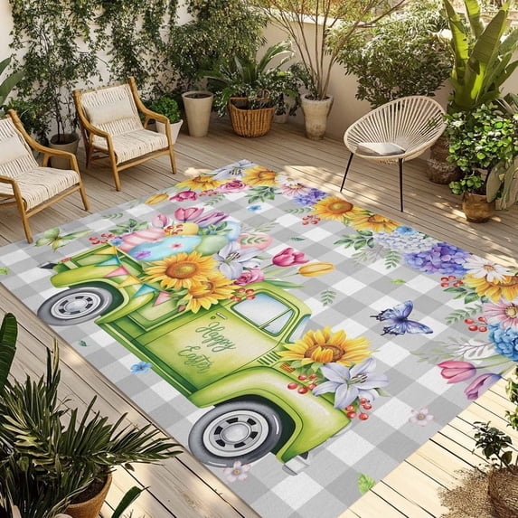 Easter Truck Outdoor Rug for Patio/Deck/Porch, Non-Slip Large Area Rug 3 x 5 Ft, Spring Floral Eggs Butterflies Leaves Gray Plaid Indoor Outdoor Rugs Washable Area Rugs, Camping Rug Carpet Runner