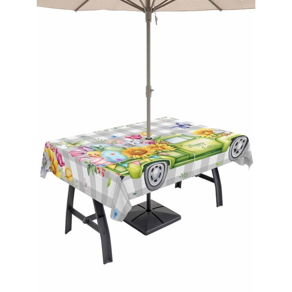 Easter Truck Outdoor Tablecloth - 60x120 Inch Rectangle Dining Table Cover, Spring Floral Eggs Butterflies Leaves Gray Plaid Waterproof Outdoor Table Cloth with Umbrella Hole & Zipper for Patio