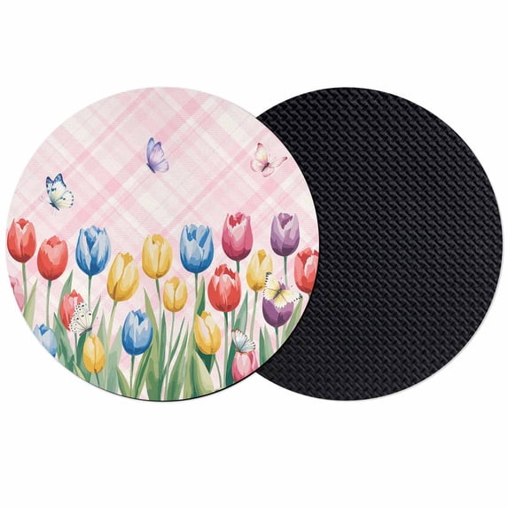 Easter Tulip Coasters Set of 2, Absorbent Coasters for Drinks, Colorful Flower Spring Butterfly Plant Pink Coaster for Desk Coffee Table Protection, Home Decor House Warming Gifts 4"