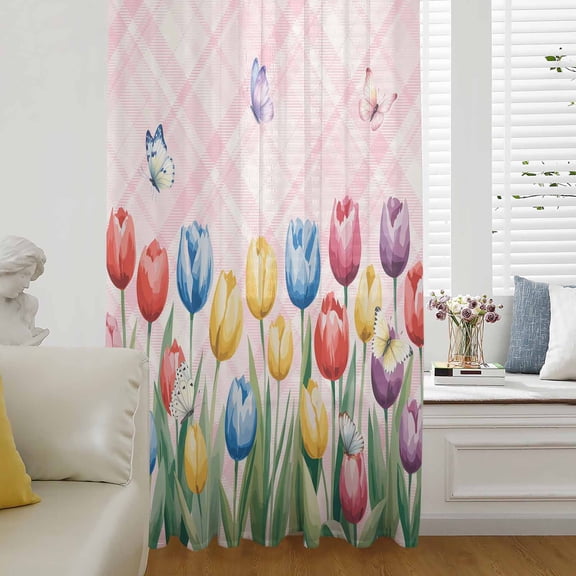 Easter Tulip Sheer Curtains 54 Inches Long for Living Room/Bedroom, Colorful Flower Spring Butterfly Plant Pink Rod Pocket Voile Kitchen Curtains & Drapes Window Treatment 1 Panel, 52"W x 54"L