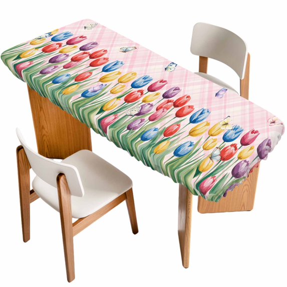 Easter Tulip Table Cloths for 8 Foot Rectangle Tables, Colorful Flower Spring Butterfly Plant Pink Patio Waterproof Elastic Fitted Tablecloths, Washable Rectangular Table Cover for Camping