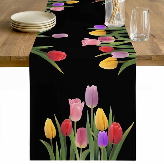 Easter Tulip Table Runner 36 Inches Long Farmhouse Dress Scarves, Spring Watercolor Country Flower Plant Dining Tablerunner for Coffee Table/Kitchen Island/Party Décor, Small 13" x 36"