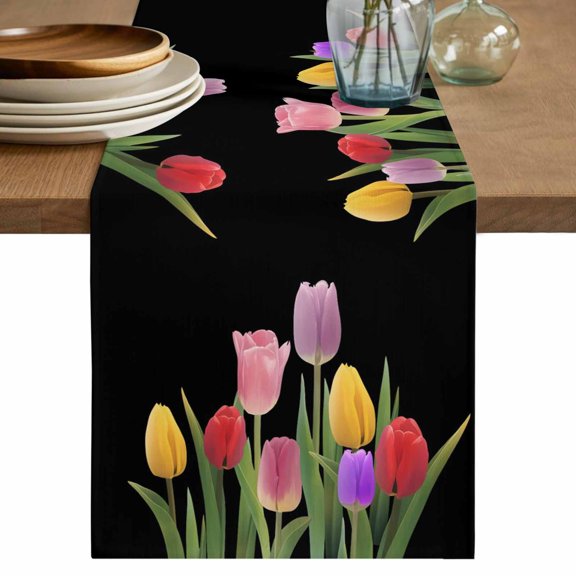 Easter Tulip Table Runner, Spring Watercolor Country Flower Plant Washable Cotton Linen Table Runners 36 Inches Long, Dresser Scarf Runner for Nightstand/End Tables/Round Tables 13''x36''