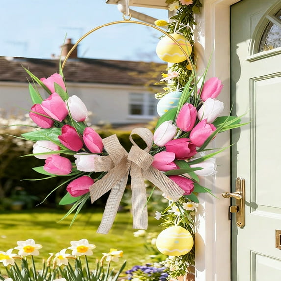 Easter Tulip Wreath with Iron Door Knocker | Multicolor Plastic Spring Home Decor | 40cm x 40cm Floral Door Hanger for Holiday & Front Door Decoration