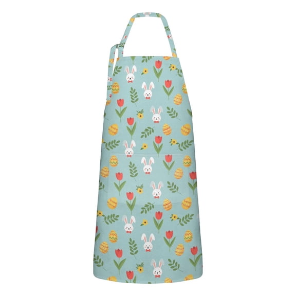 Easter and Tulips Light Blue Pattern Apron with Pockets, Cotton Linen Waterproof Adjustable Apron for Women, Kitchen Cooking Gardening BBQ Salon Apron, 33x27 Inch