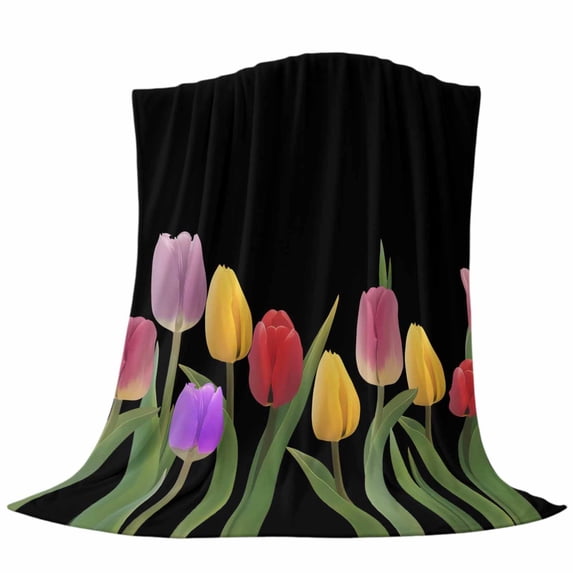 Easter Tulips Throw Flannel Blanket Colorful Flowers Leaves Plant Black Background Super Soft Cozy Bed Blanket, Lightweight Plush Fuzzy Bed Throw for Bedroom Sofa Couch Living Room 30x40In,