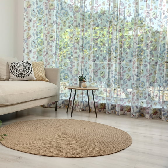 Easter Tulle Curtains with Rod Pocket, Cheerful Pattern with Funny Bunny and Chicken Characters Flowers Butterflies, Sheer Drape for Wedding Party 2 Panels, 7 Sizes, Multicolor, by Ambesonne