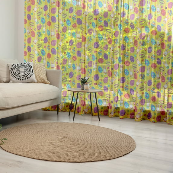 Easter Tulle Curtains with Rod Pocket, Funky Colorful with Different Patterns Daisies and Bunny Characters, Sheer Drape for Wedding Party 2 Panels, 7 Sizes, Multicolor, by Ambesonne