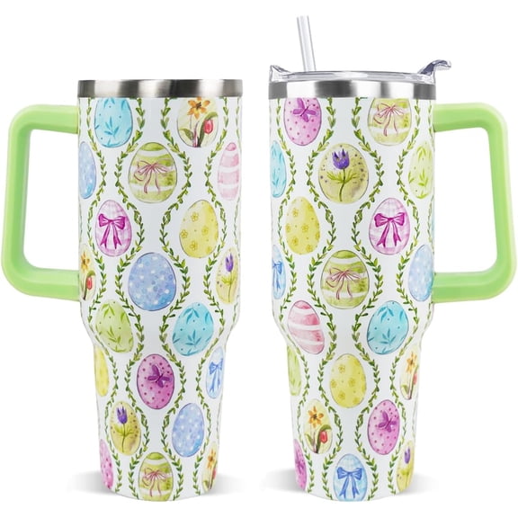 Easter Tumbler 40 oz Spring Easter Egg Coffee Mugs Leak Proof Cups with Handle and Straw Stainless Steel Vacuum Insulated Water Bottle Easter Gifts Spring Decor (1PCS)