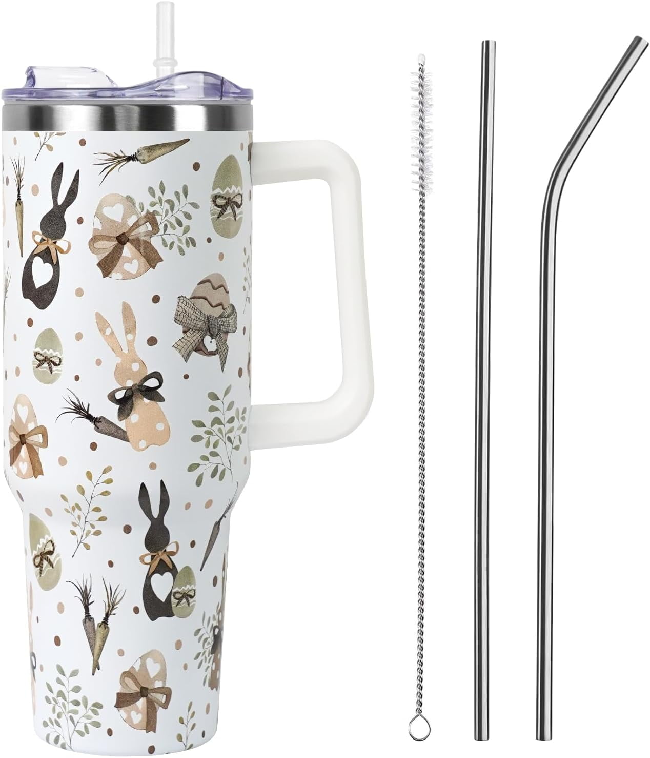 Easter Tumbler with Handle and Straw Lid 40 oz,Cute Easter Spring Gift for Women Men Bunny Rabbit Eucalyptus Eggs Carrots Vacuum Insulated Leak Proof Stainless Steel Coffee Cup Mug