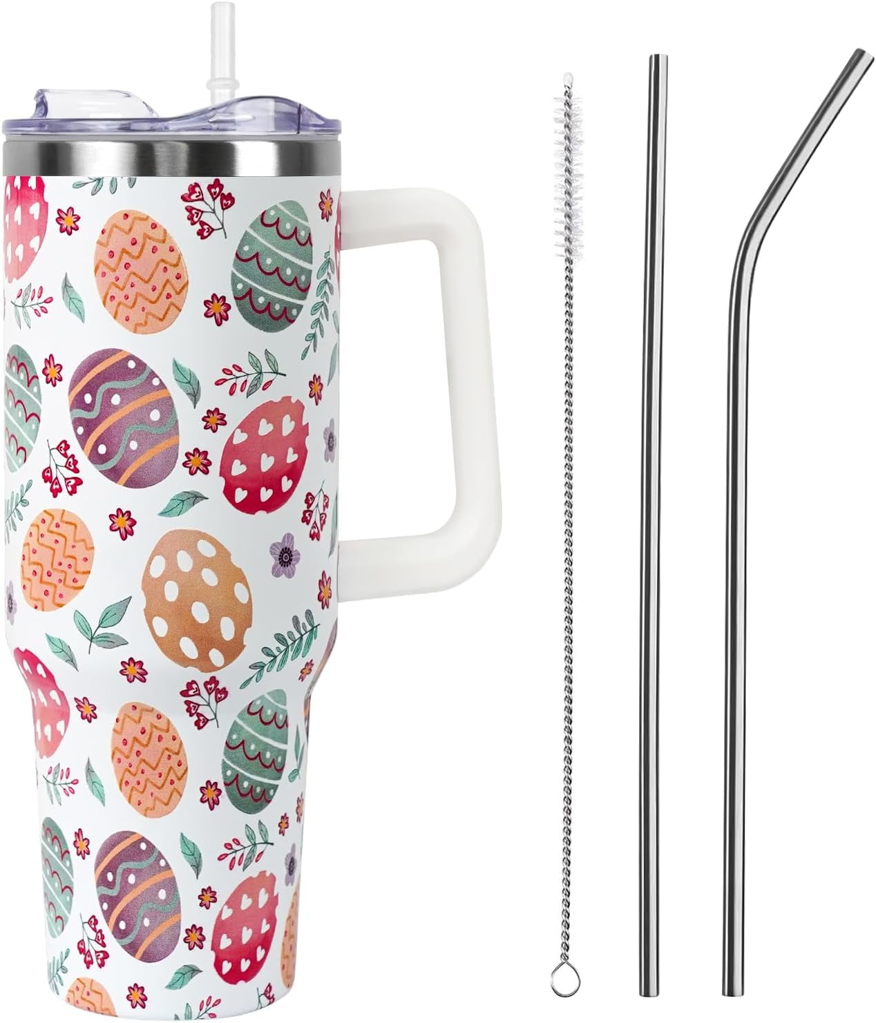 Easter Tumbler with Handle and Straw Lid 40 oz,Cute Easter Spring Gift for Women Men Eggs Floral Vacuum Insulated Leak Proof Stainless Steel Coffee Cup Mug
