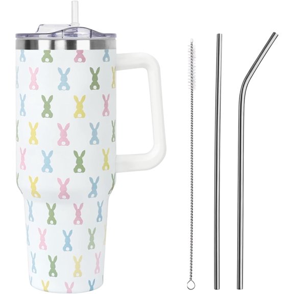 Easter Tumbler with Handle and Straw Lid 40 oz,Cute Easter Spring Gift for Women Men Pink Bunny Rabbit Vacuum Insulated Leak Proof Stainless Steel Coffee Cup Mug