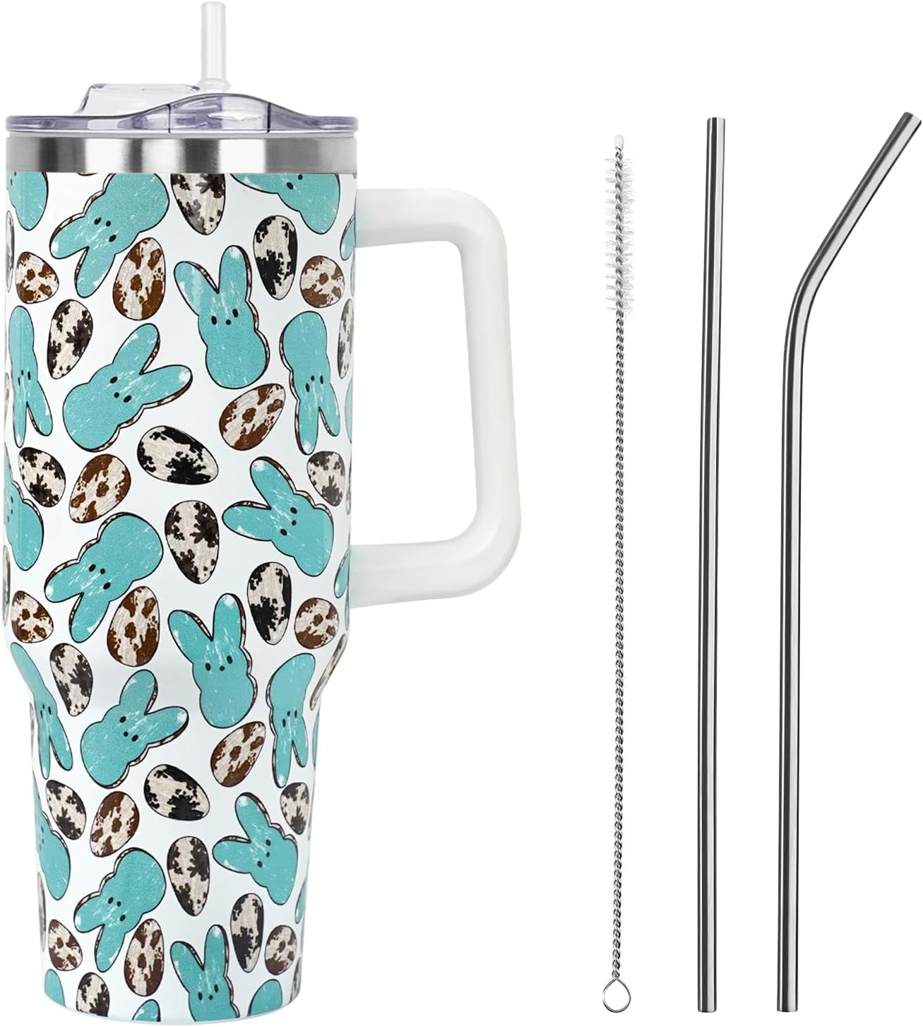 Easter Tumbler with Handle and Straw Lid 40 oz,Cute Easter Spring Gift for Women Men Western Peeps Bunny Rabbit Eggs Vacuum Insulated Leak Proof Stainless Steel Coffee Cup Mug