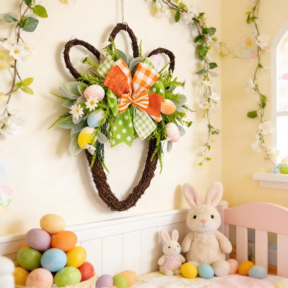Easter Twig Carrot Wreath - 19.6in Rattan Loop Door Hanger with Colorful Egg Accents, Perfect for Front Door, Home Wall, Spring Holiday Decor & Easter Family Party Arrangement, 19.6in, D