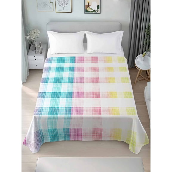 Easter Twim Size Flat Sheet, Wrinkleproof & Fadeproof Cooling Flat Bed Sheet Only, Colorful Plaid Ombre Art Yellow Pink Green Breathable Soft Bedding Top Sheets 66 x 96 Inches