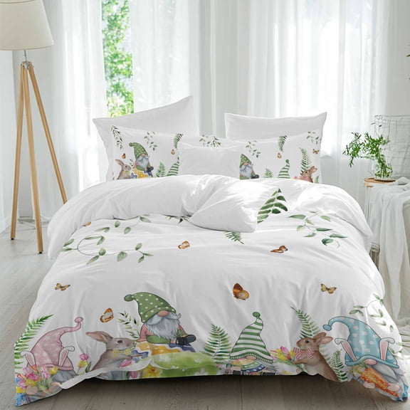 Easter Twin Size Comforter Set, Spring Gnomes Bunny Floral Green Easter Eggs Plant Butterfly Bedding for All Seasons, 4 Pcs Bed Set, 1 Quiltcover (68"x86") ,1Sheet(67"x116"), 2Pillowcases (30"x20")