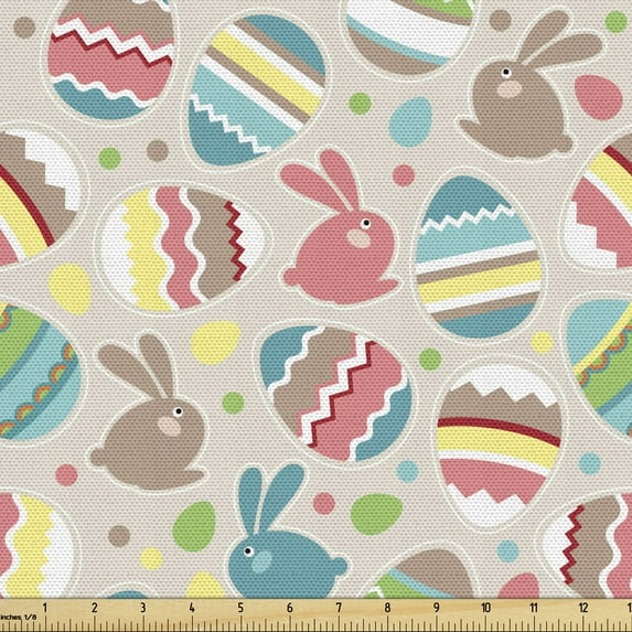 Ambesonne Easter Fabric by the Yard Upholstery, Cartoon Bunnies Dots, 2 Yards, Multicolor