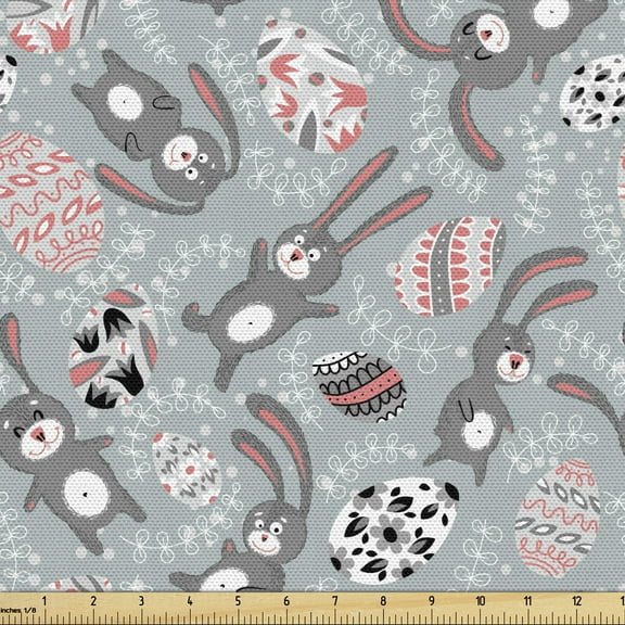 Ambesonne Easter Fabric by the Yard Upholstery, Cartoon Funny Bunnies Print, 5 Yards, Bluegrey Black Coral