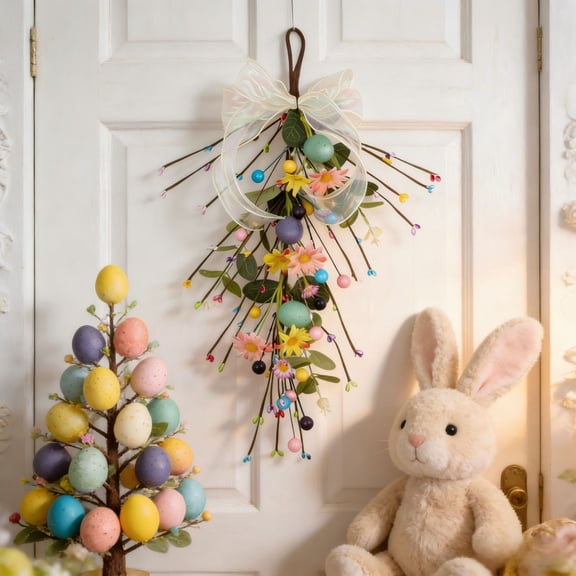 Easter Upside Down Teardrop Wreath, Floral Swag with Eggs & Berries, Spring Hanging Decor for Front Door, Mantel & Holiday Party