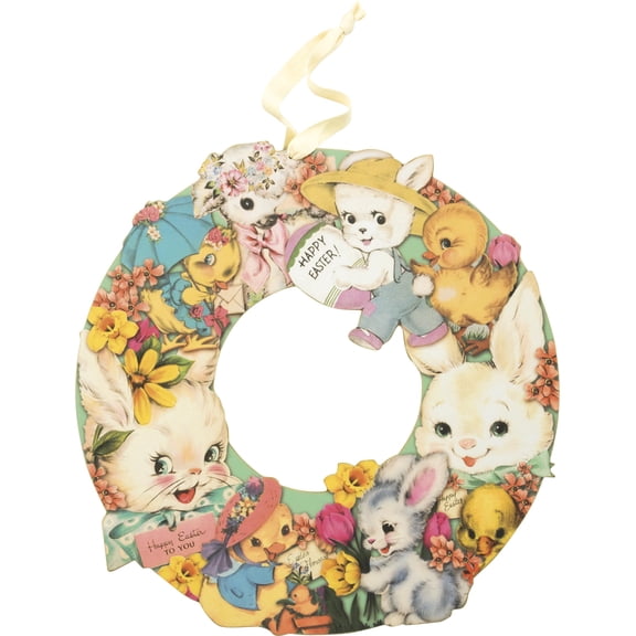 Easter VINTAGE EASTER WREATH Wood Bunny Chicks Flowers 34805